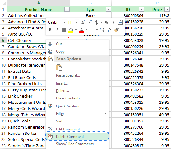 Choose the Delete Comment option from the right-click menu to remove a comment from a cell