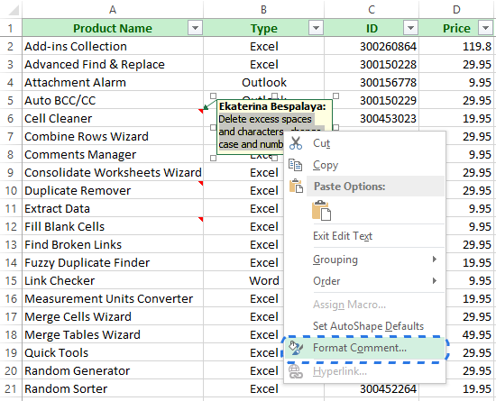 Choose Format Comment from the right-click menu to open the Format Comment dialog