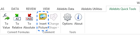 Click on the Insert Picture command on the Ablebits Quick Tools tab to add an image to a comment