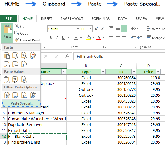 Open the Paste drop-down list to choose the Paste Special option