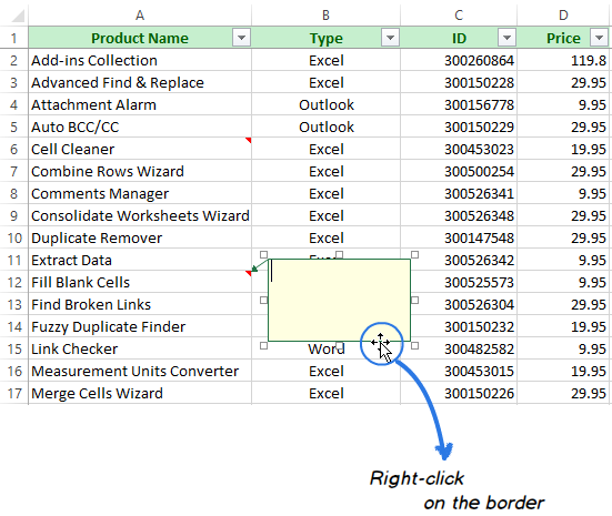 Right-click on the comment border to open the context menu