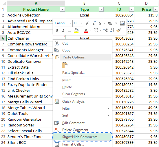 excel for mac show comments on hover