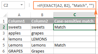Comparing two lists for case-sensitive matches in the same row