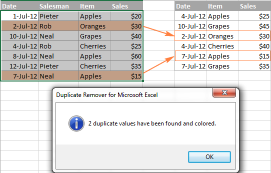 Duplicate rows are highlighted.