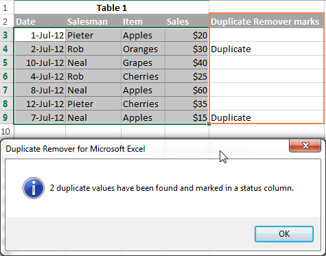 Duplicate rows are marked.