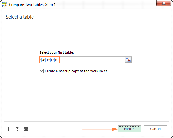 Make sure the first table is selected correctly and click Next.
