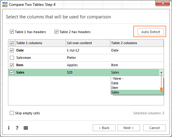 compare two columns in excel and return a third value