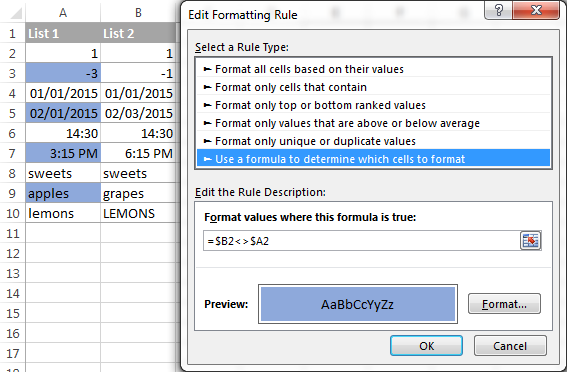 A conditional formatting rule to highlight differences in each row.