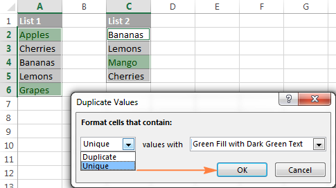 Built-in rule to compare 2 lists and highlight duplicate or unique values