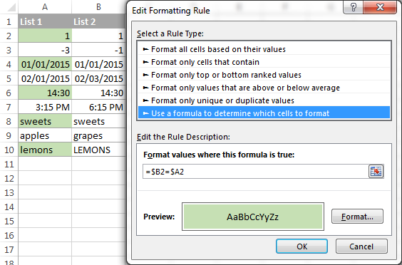 A conditional formatting rule to highlight matches in each row