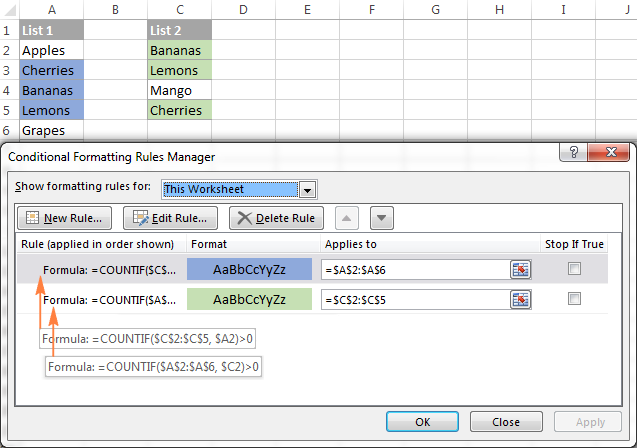 compare two columns in excel and highlight differences