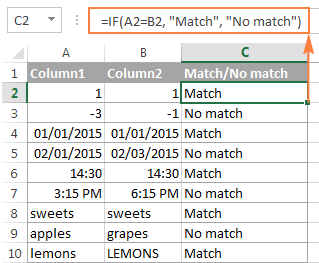 A formula to compare 2 columns for matches and differences in each row