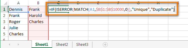 Excel formula to compare data between 2 columns and find duplicate and unique entries