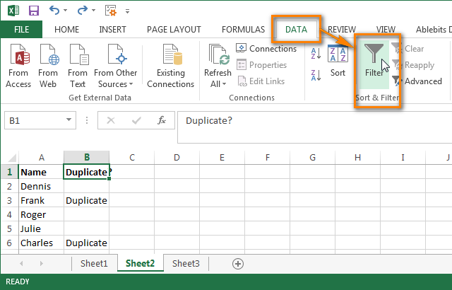 Click 'Filter' on the Data tab in the Sort and Filter group