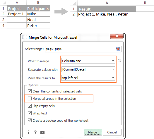 Combine the values of several cells into one cell with the Merge Cells add-in