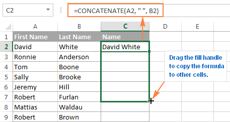 Excel CONCATENATE function 
Excel formulas for Data Analysis