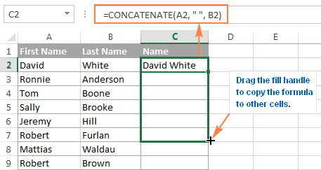 excel columns concatenate cells formula strings copy function two combine column cell fill concatenating quick tip down handle