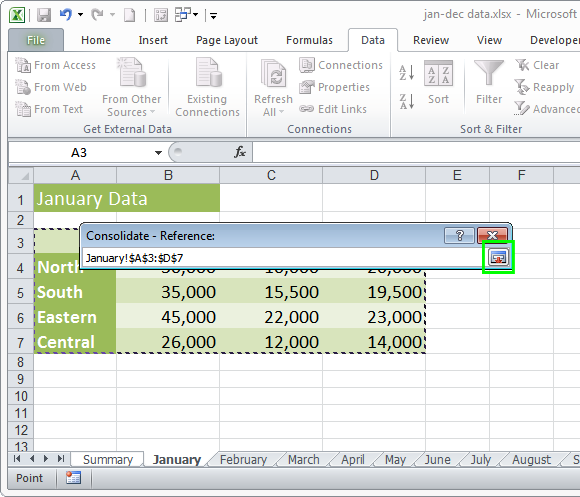 Select the first sheet with data to consolidate and drag over the data area including row and column headings.