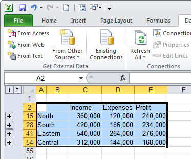 The consolidation shows a summary of the data you had selected with Grouping buttons down the left of the screen.