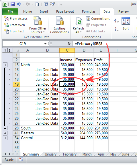 Choose to link to the source data and each cell will contain a formula linking back to the original data.