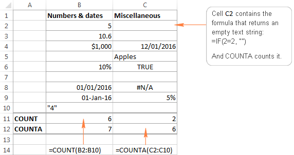 Using the Excel COUNTA function to count cells with values