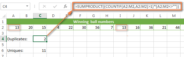 Excel COUNTIF formulas to count duplicates and unique values in a row