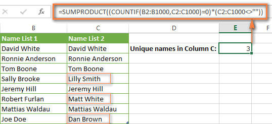 A COUNTIF formula to count unique values between 2 columns.