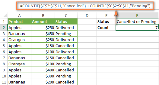 Counting cells that meet any of the specified criteria