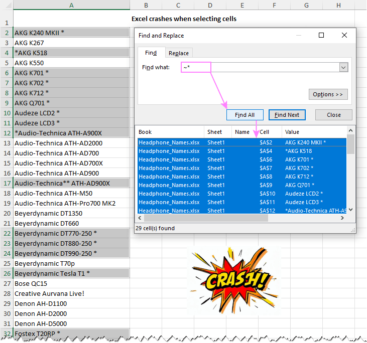 Excel hangs or crashes when selecting cells in big workbooks.