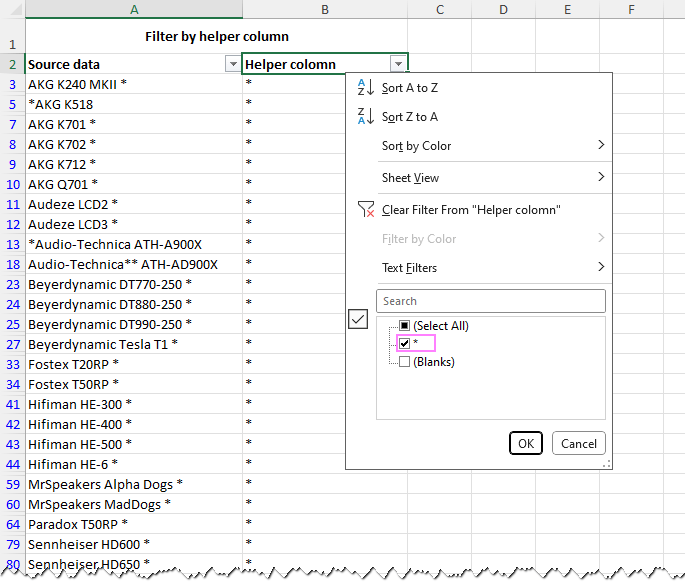 Filter the dataset based on the helper column.