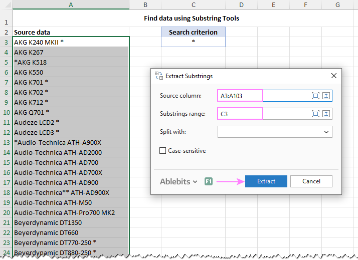 Find values containing a certain character or substring.