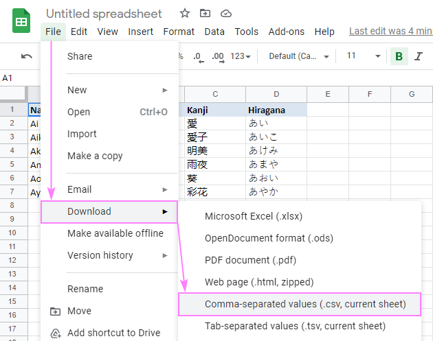 Download a Google spreadsheets as a comma-separated values .csv file.