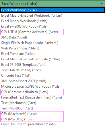 CSV formats supported by Excel