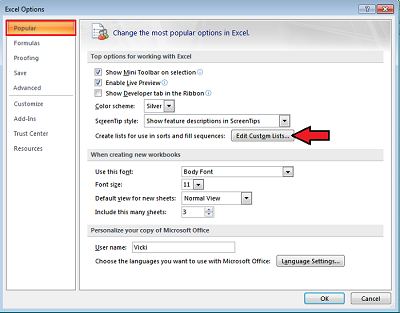 add a custom list for columns in data in excel 2010 on a mac