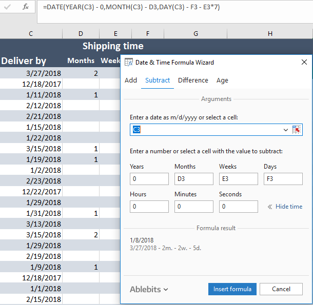 excel formula to subtract 1 hour from time