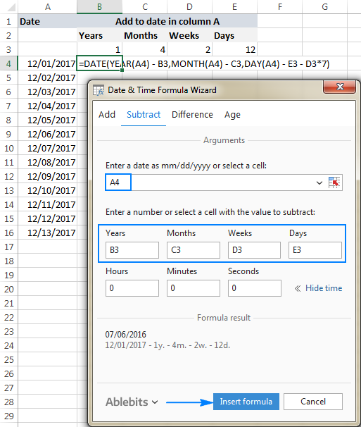 Subtract dates in Excel using the Date & Time Wizard