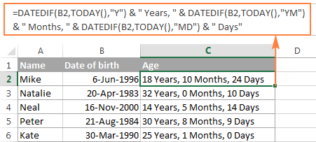 DATEDIF formula to calculate age in Excel