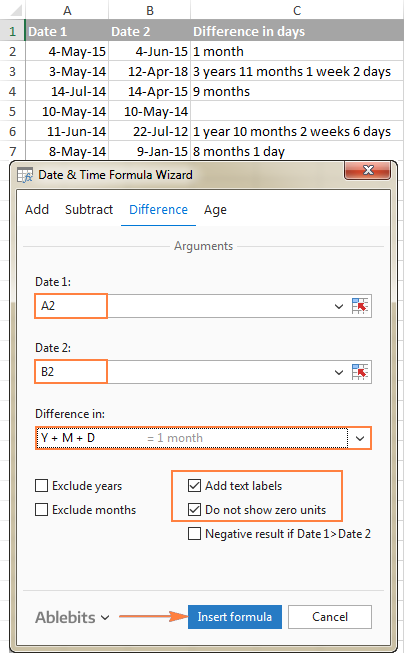 The formula to calculate date difference in years, months, weeks and days.