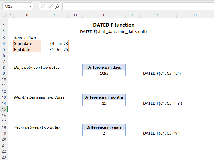 Excel DATEDIF function to get difference between two dates