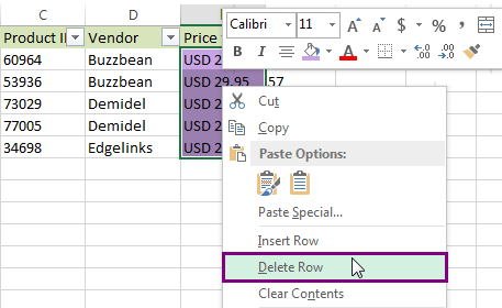 Pick the Delete Row option from the menu list