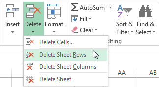 Navigate to the Home tab -> Delete -> Delete Sheet Rows