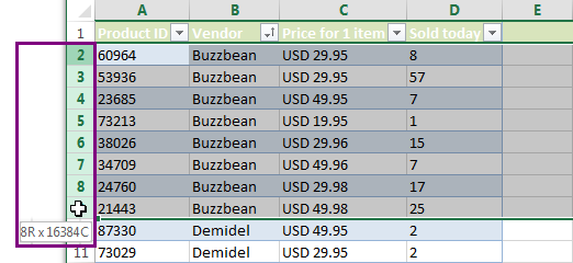 Select entire lines using the row number buttons