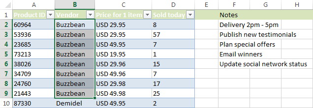 Select a range with the values to delete