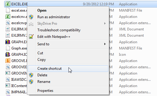 Create a shortcut to Excel