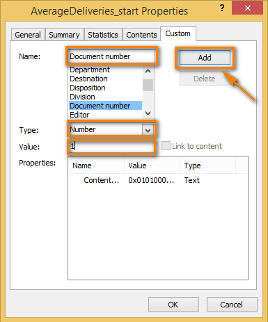 Choose a name, type and enter a value to add the custom property