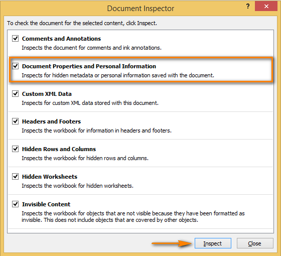 Select the issues that you want to check in the Document Inspector window