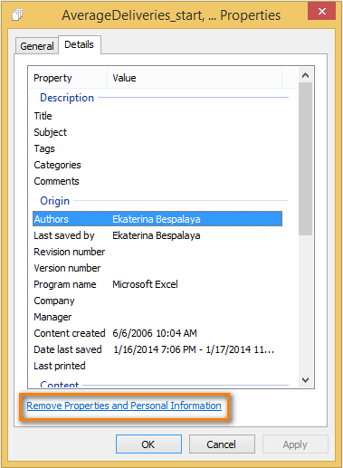 Click on 'Remove Properties and Personal Information' to open the Remove Properties dialog window