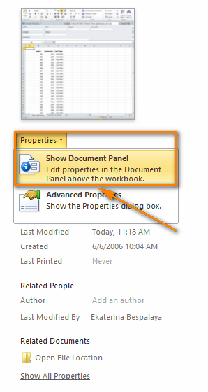 Choose 'Show Document Panel' from the properties drop-down list to display the panel