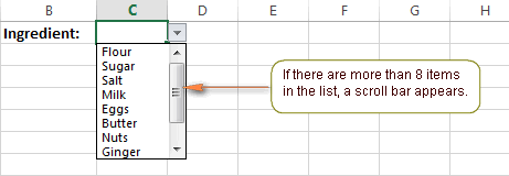 An Excel drop-down list with a scroll bar