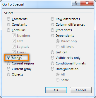 Select the Blanks radio button in the 'Go To special' window